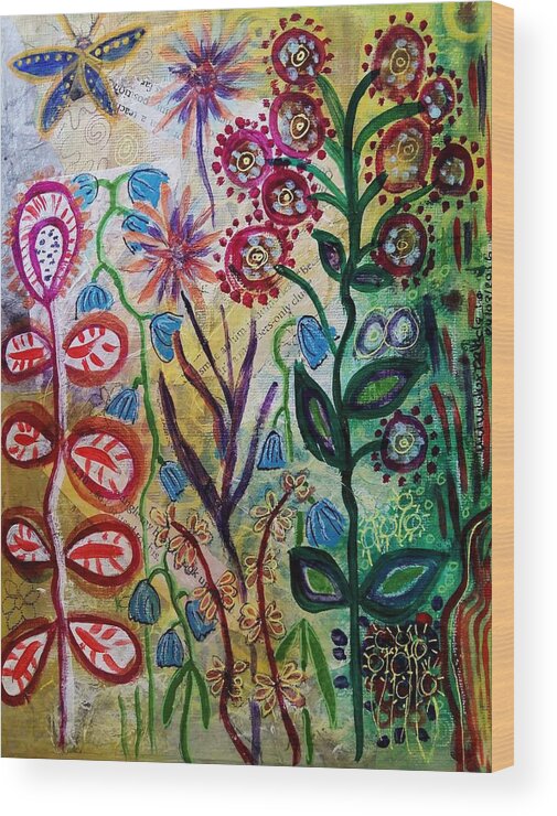 Flower Wood Print featuring the mixed media Blue Bug in the Magic Garden by Mimulux Patricia No