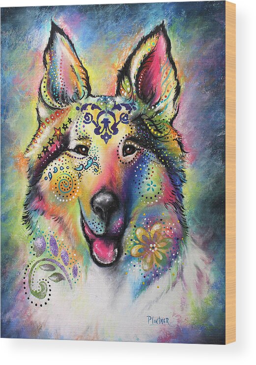Boho Collie Wood Print featuring the pastel Collie by Patricia Lintner