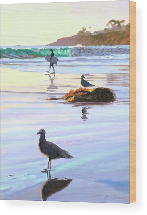 Boogie Wood Print featuring the painting Boogie Boarder and Birds by Steve Simon