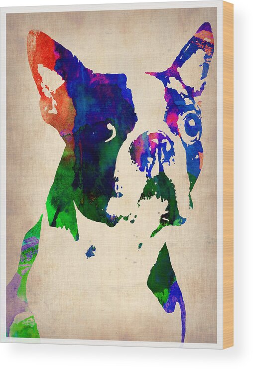 Boston Terrier Wood Print featuring the painting Boston Terrier Watercolor by Naxart Studio