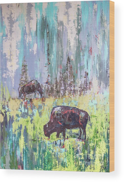 Buffalo Wood Print featuring the painting Buffalo Grazing by Cheryl McClure