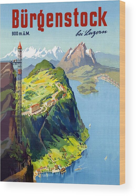 Burgenstock Wood Print featuring the painting Burgenstock and Lucerne, Switzerland by Long Shot