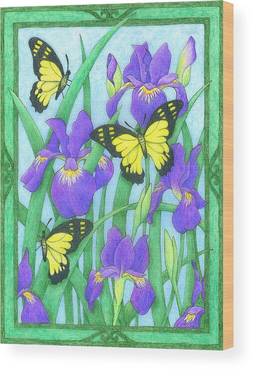 Nature Wood Print featuring the drawing Butterfly Idyll-Irises by Alison Stein
