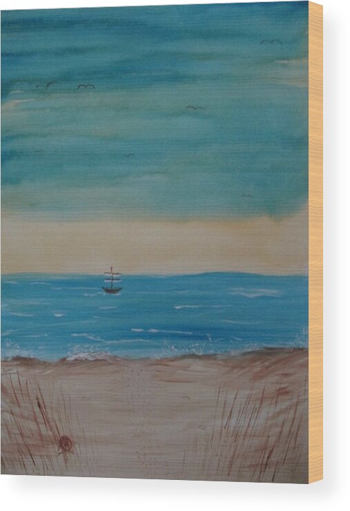 Abstract Sea Ocean Water Beach Sand Grasses Landscape Vacation Wood Print featuring the painting By The Seaside, By The Beautiful Sea by Sharyn Winters