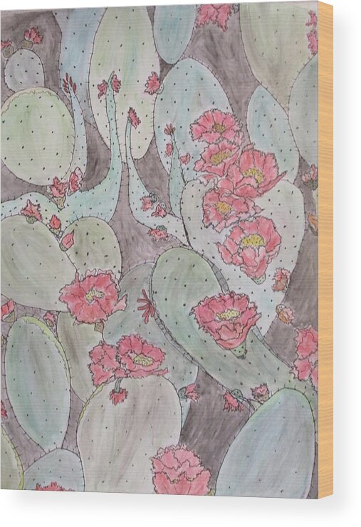 Abstract Cactus Blooming Desert Joy Dark Rose Lt. Rose Vermillion Carmine Pink Yellow All Greens Black Pen And Ink Wood Print featuring the mixed media Cactus Voices #2 by Sharyn Winters