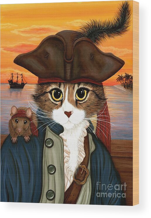 Pirate Cat Wood Print featuring the painting Captain Leo - Pirate Cat and Rat by Carrie Hawks