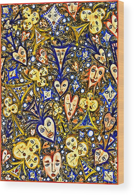 Lise Winne Wood Print featuring the digital art Card Game Symbols Blue and Yellow by Lise Winne
