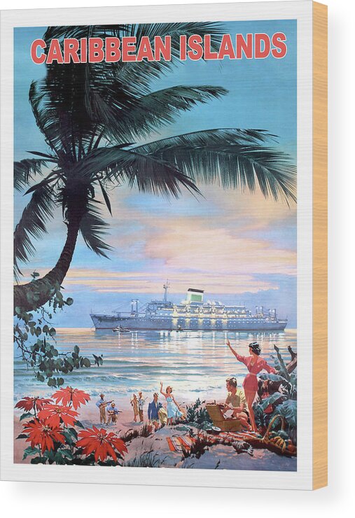 Caribbean Island Wood Print featuring the painting Caribbean island, tourist ship by Long Shot