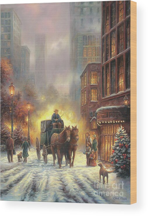 City Snow Scene Wood Print featuring the painting Carriage Ride by Chuck Pinson
