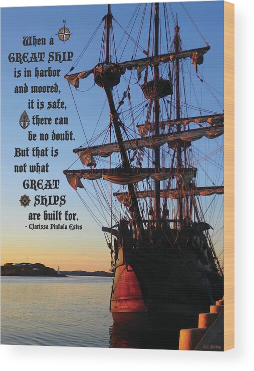 Ship Wood Print featuring the digital art Celtic Tall Ship - El Galeon in Halifax Harbour at Sunrise by Celtic Artist Angela Dawn MacKay