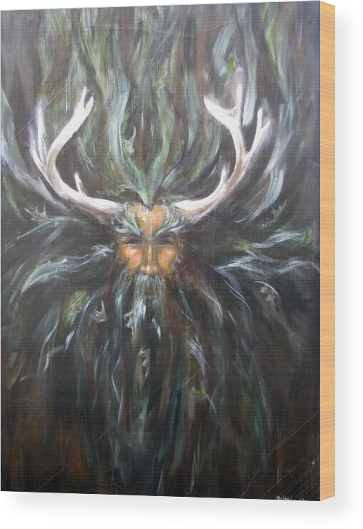 God Of The Forest; God Of Wild Things Wood Print featuring the painting Cernunnos by Patricia Kanzler