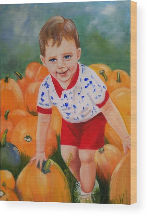 Portrait Wood Print featuring the painting Chance with the Pumpkins by Joni McPherson