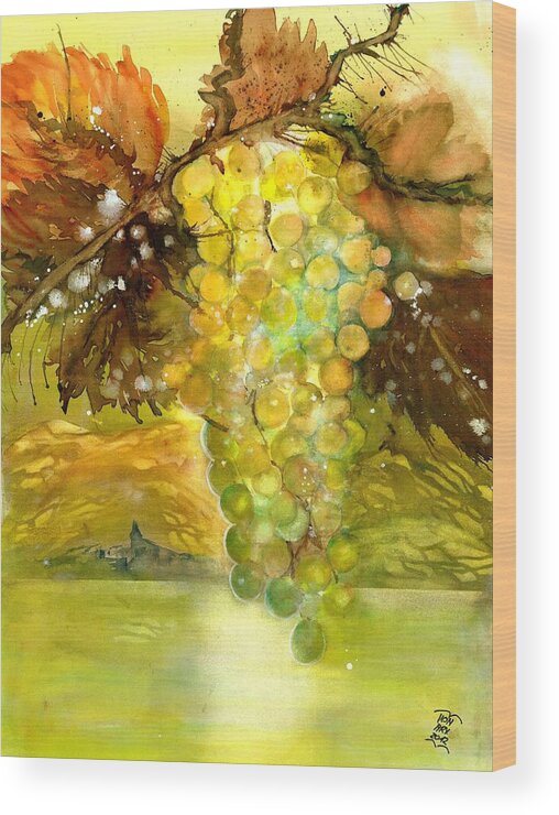 Wine Cellar Painting Wood Print featuring the painting Chardonnay Grapes in sunlight by Sabina Von Arx