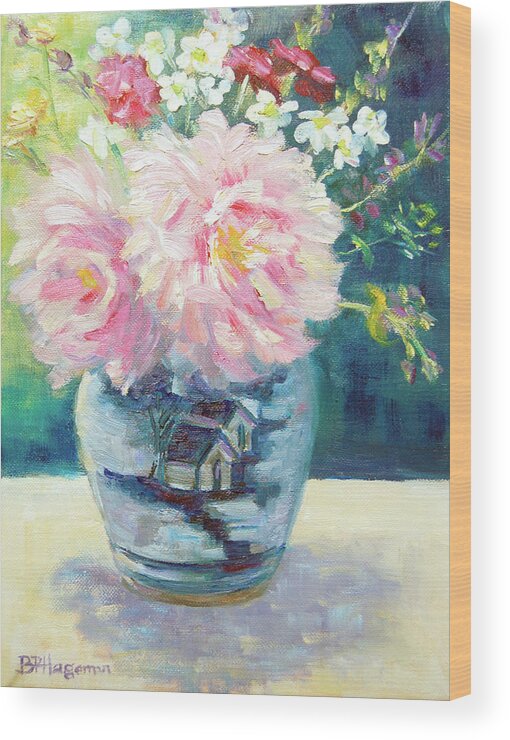Pink Peonies Wood Print featuring the painting Chinese Influence by Barbara Hageman