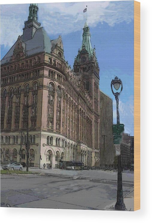 City Hall Wood Print featuring the digital art City Hall with Street Lamp by Anita Burgermeister