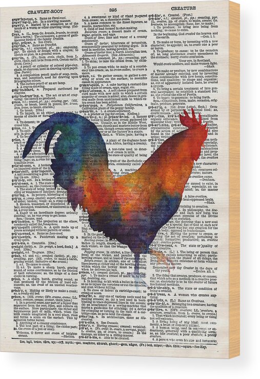 Rooster Wood Print featuring the painting Colorful Rooster on Vintage Dictionary by Hailey E Herrera