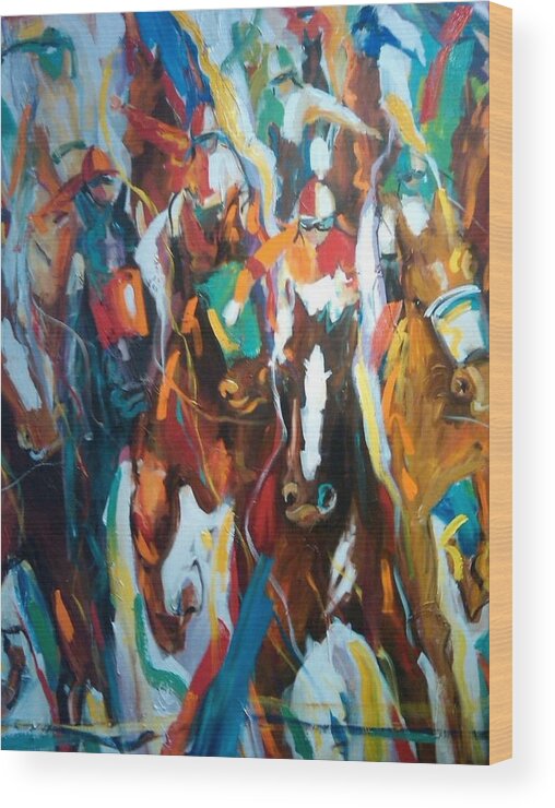 Race Track Wood Print featuring the painting Coming up green by Heather Roddy