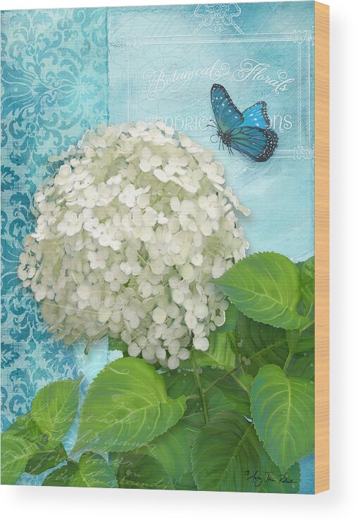 White Hydrangea Wood Print featuring the painting Cottage Garden White Hydrangea with Blue Butterfly by Audrey Jeanne Roberts