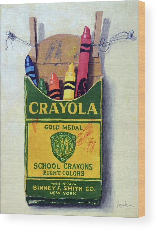 Crayons Wood Print featuring the painting Box of Crayons painting by Linda Apple