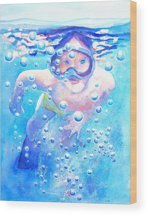 Swimming Wood Print featuring the painting Cute Child Snorkeling Underwater by Carlin Blahnik CarlinArtWatercolor