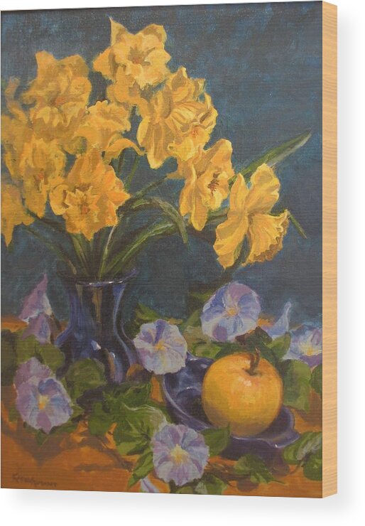 Still Life Wood Print featuring the painting Daffodils by Karen Ilari