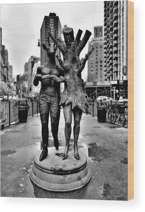 Art Wood Print featuring the photograph DEER TREE SCULPTURE IN N Y C in B W by Rob Hans