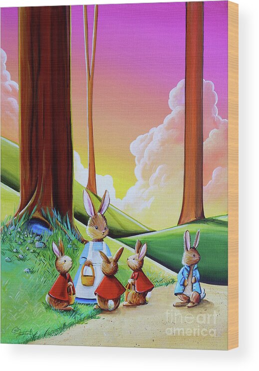 Peter Rabbit Wood Print featuring the painting Don't Go Into Mr McGregors Garden by Cindy Thornton