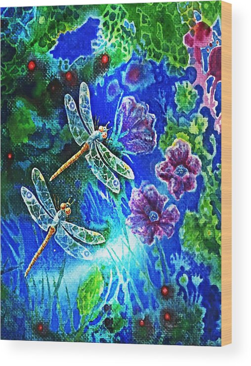 Dragonfly Wood Print featuring the painting DRAGONFLIES and FLOWERS #1 by Hartmut Jager
