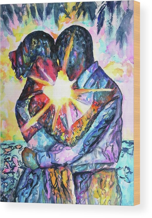 Couple Embracing Wood Print featuring the painting Embracing Couple in Love by Carlin Blahnik CarlinArtWatercolor