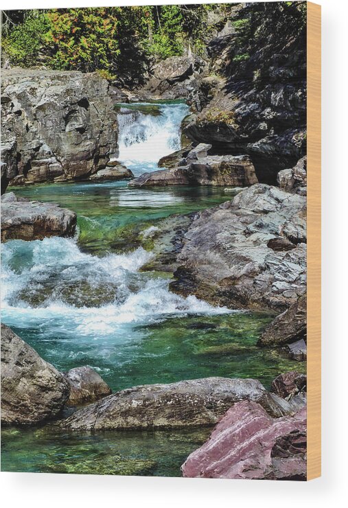 Falls Above Lake Mc Donald Wood Print featuring the photograph Falls above Lake Mc Donald by L J Oakes