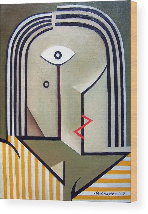Female Woman Portrait Abstract Yellow Green Wood Print featuring the painting Female Yellow Stripes by Martel Chapman