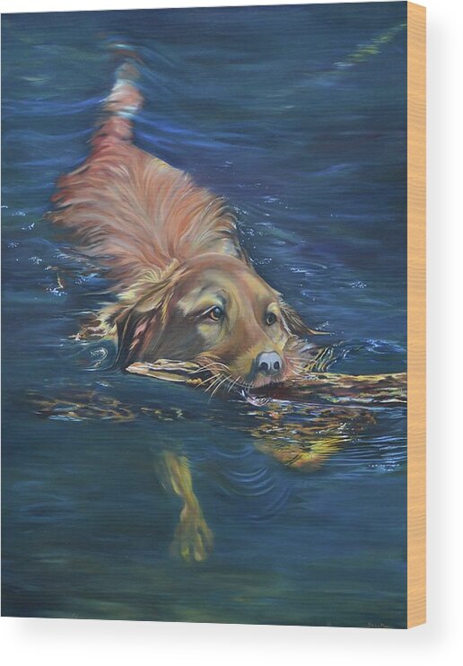#swim #swimming #lab #retriever #dogs #dog #lake #lakes #labs #stick #fetching #landscape #blue #lakes #cottage #canada #happy #waterscapes Wood Print featuring the painting Fetching The Stick by Stella Marin