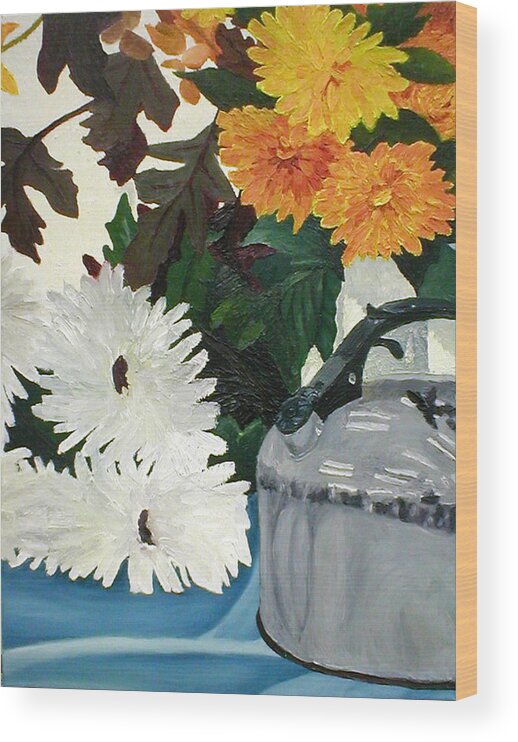 Flowers Wood Print featuring the painting Flower Still Life With Kettle by Beth Parrish