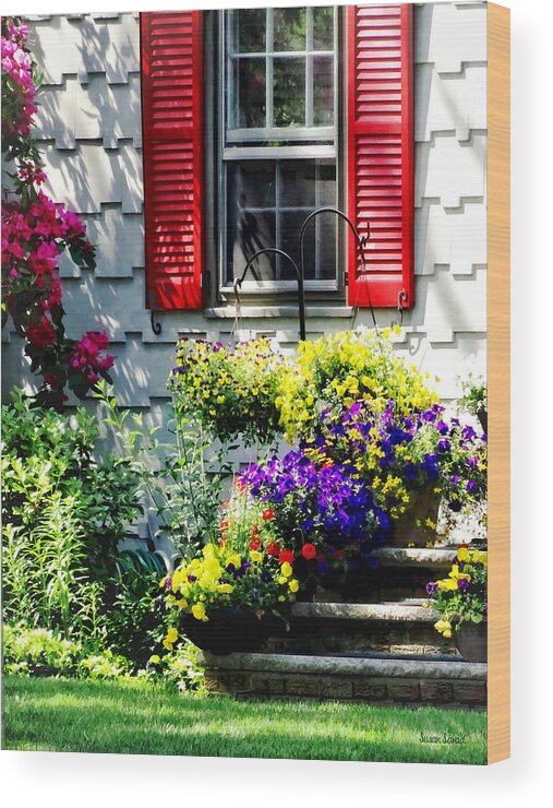 Shutters Wood Print featuring the photograph Flowers and Red Shutters by Susan Savad