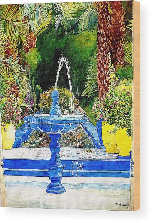 Fontaine Wood Print featuring the painting Fontaine - Jardin Majorelle - Marrakech by Francoise Chauray