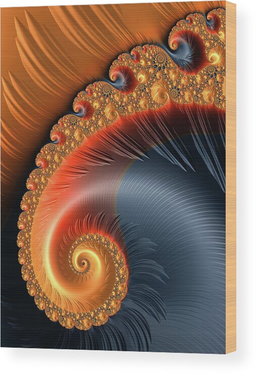 Abstract Wood Print featuring the digital art Fractal spiral with warm orange and red tones by Matthias Hauser