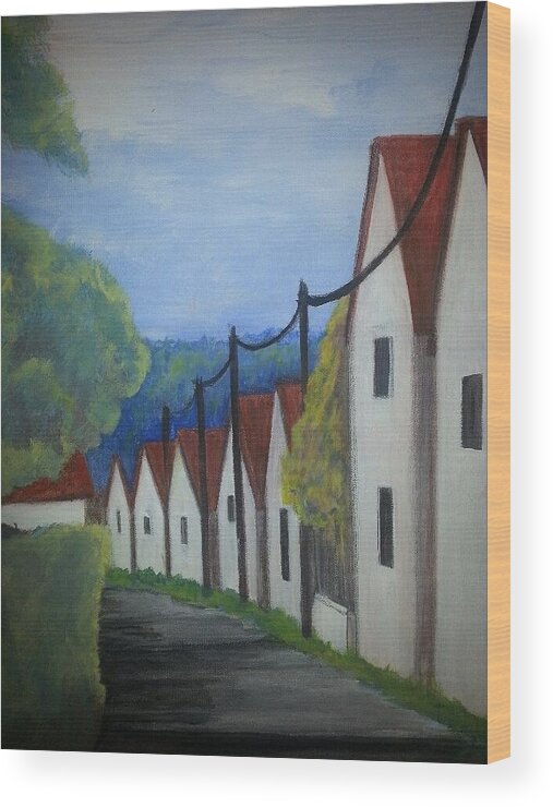 #frenchvillage #acrylicart #artwithhouses #paintingofvillage #abstractartforsale #camvasartprints #originalartforsale #abstractartpaintings Wood Print featuring the painting French Village by Cynthia Silverman