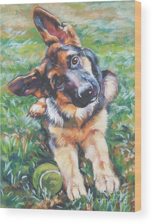 Dog Wood Print featuring the painting German shepherd pup with ball by Lee Ann Shepard