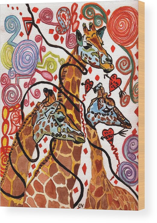 Giraffes Painting Wood Print featuring the painting Giraffe Birthday Party by Connie Valasco