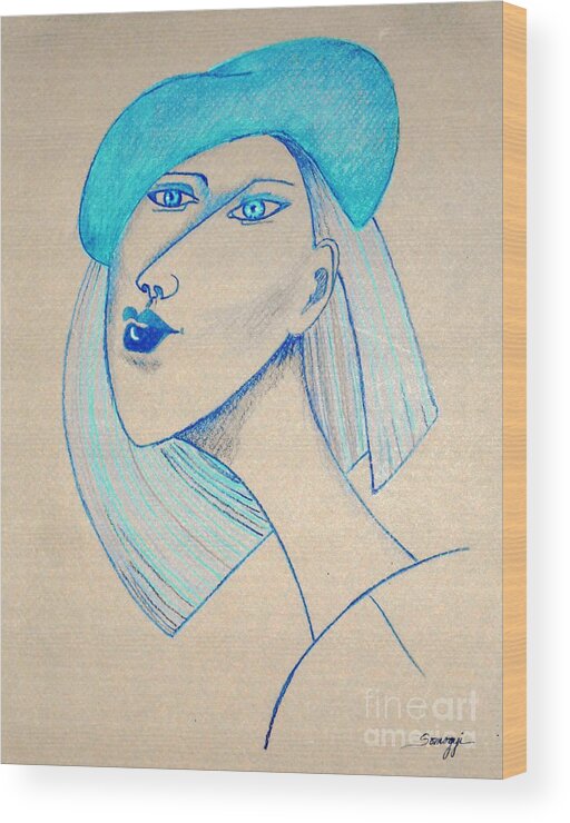 Stylized Wood Print featuring the drawing Girl in Blue Beret by Jayne Somogy