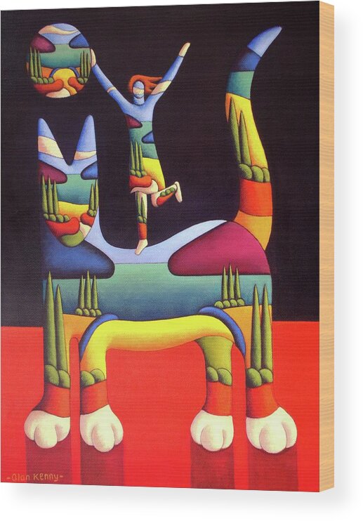 Cat Wood Print featuring the painting Girl on cat in landscape in cat by Alan Kenny