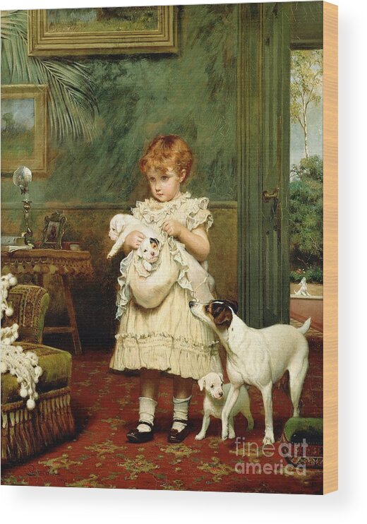 Girl With Dogs Wood Print featuring the painting Girl with Dogs by Charles Burton Barber