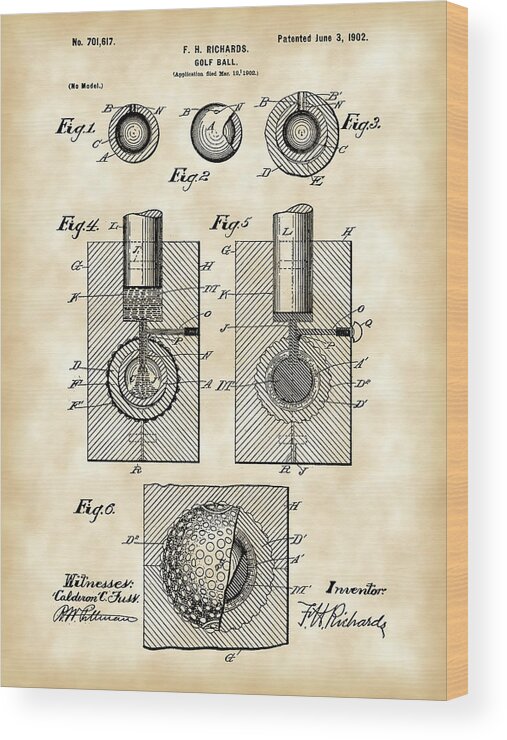 Patent Wood Print featuring the digital art Golf Ball Patent 1902 - Vintage by Stephen Younts