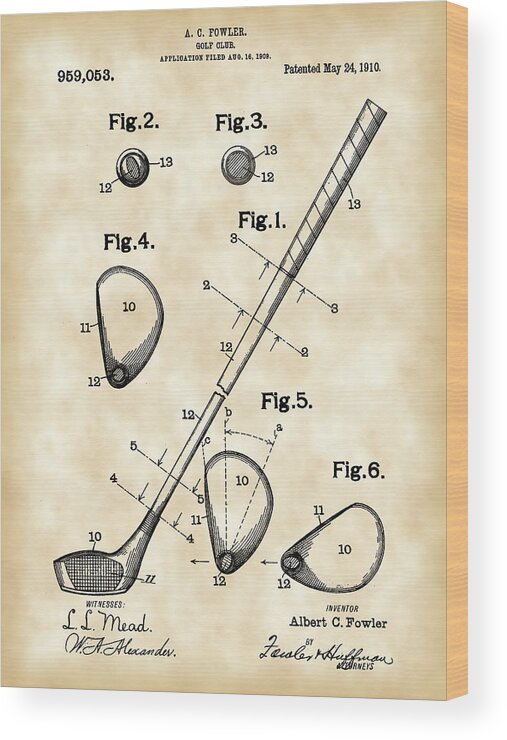 Golf Wood Print featuring the digital art Golf Club Patent 1909 - Vintage by Stephen Younts