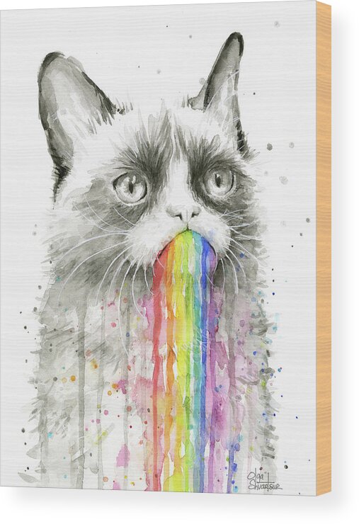 Grumpy Wood Print featuring the painting Grumpy Rainbow Cat by Olga Shvartsur