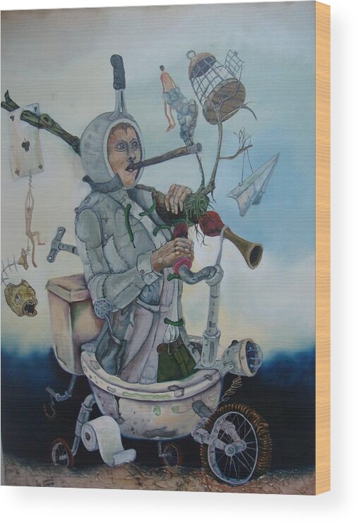 Surrealism Wood Print featuring the painting Happily Poor by Carlos Rodriguez