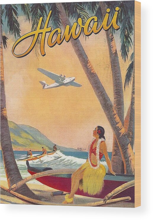 Hawaii Wood Print featuring the painting Hawaii, vintage airline poster by Long Shot