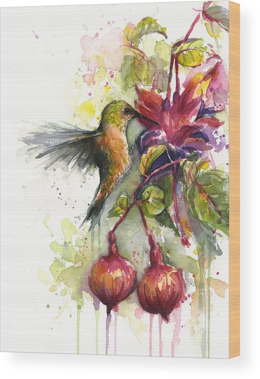 Hummingbird Wood Print featuring the painting Hummingbird and Fuchsia by Olga Shvartsur