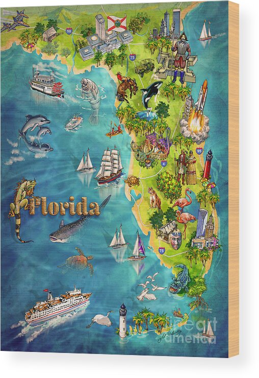 Castillo De San Marcos National Monument Wood Print featuring the painting Illustrated Map of Florida by Maria Rabinky