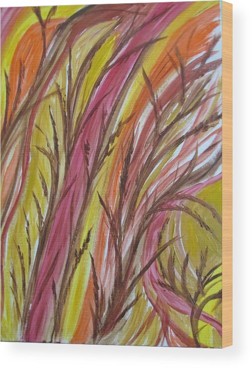Abstract Fall Autumn Season Wind Magenta Gold Yellow Orange Burnt Umber Brown Wood Print featuring the painting In Rushes Fall by Sharyn Winters
